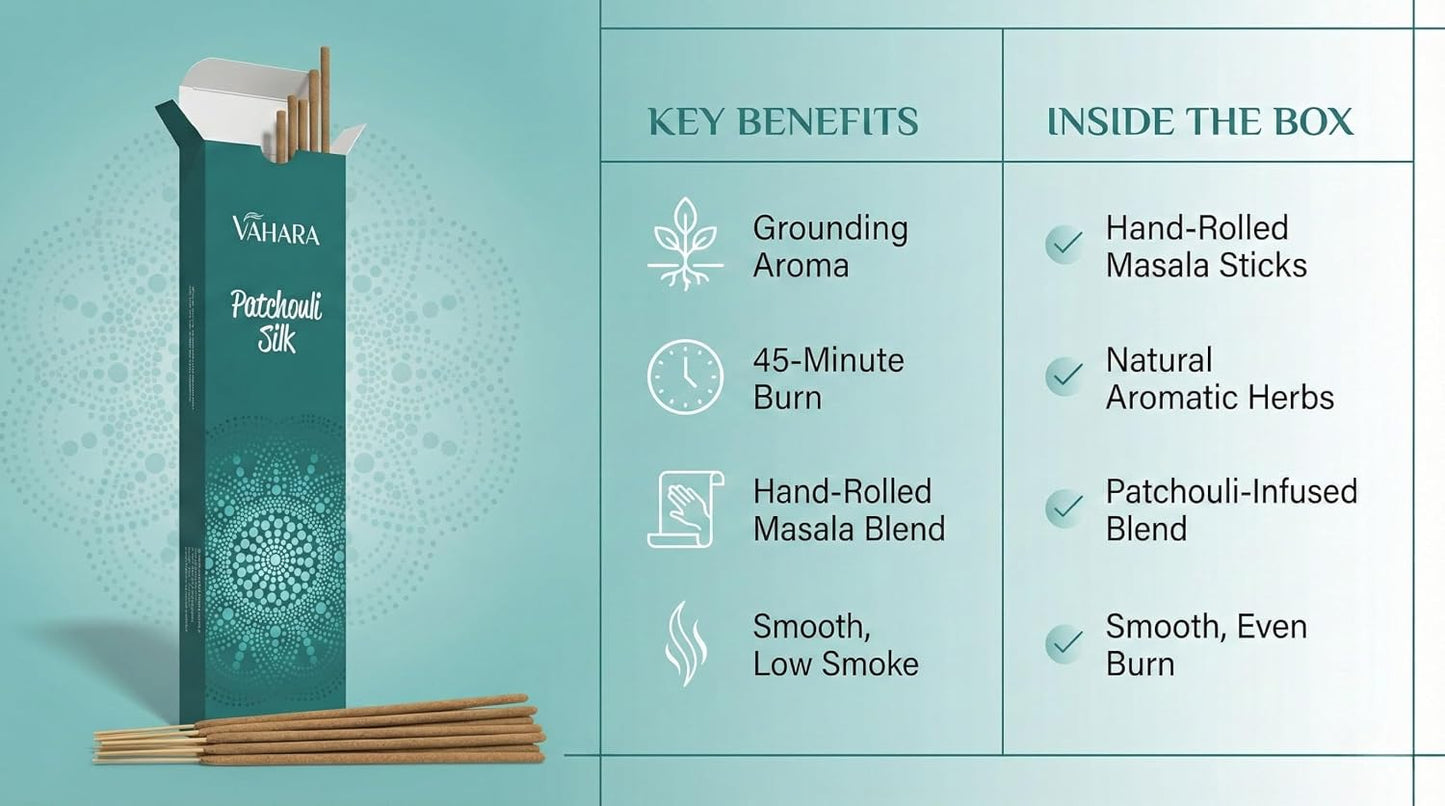 Premium Vahara Patchouli Silk Incense Sticks | 100g Natural Hand-Rolled Masala Incense for Meditation, Relaxation & Home Fragrance