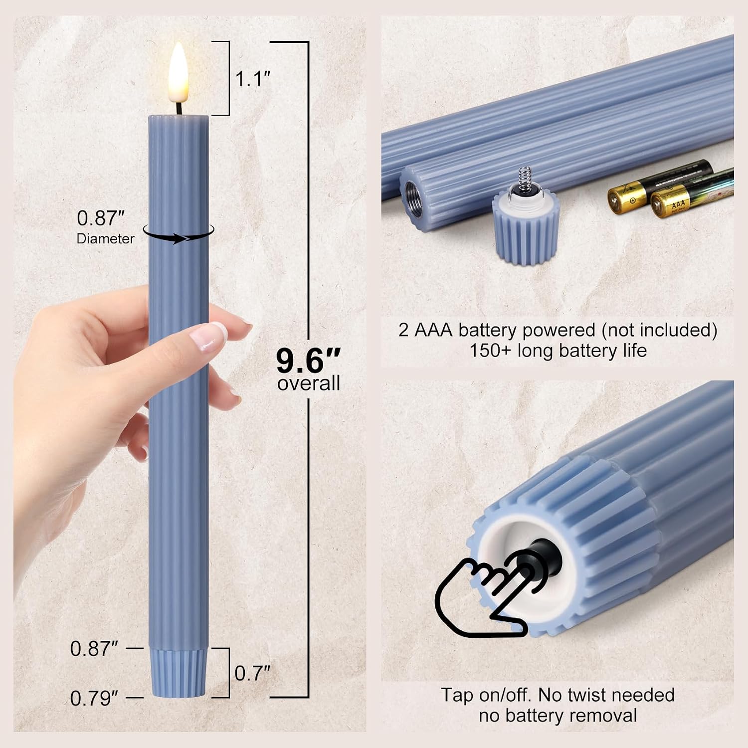 Dusty Blue Ribbed Fluted Flameless Taper Candles with Remote, Flickering Battery LED Wax Candlesticks Wedding Home Decor Set of 4