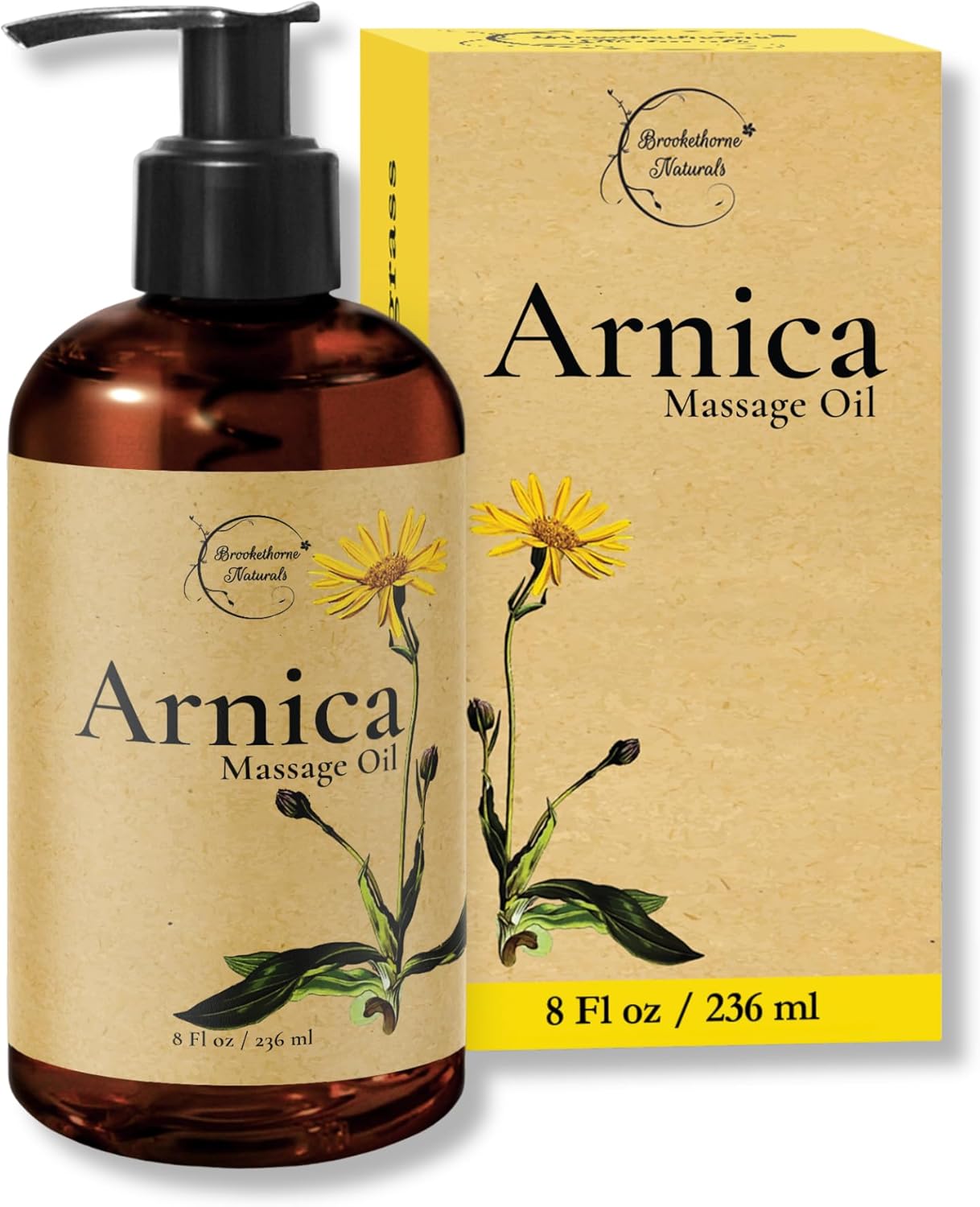 Brookethorne Naturals Arnica Massage Oil for Massage Therapy — Ideal for Athletic & Post Workout | Arnica Montana, Sweet Almond, Jojoba & Essential Oils | Botanical Formula for Active Lifestyles — 8oz