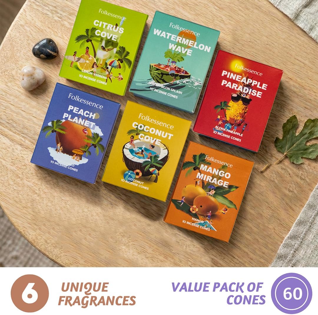Folkulture Incense Cones (60 Cones) | Set of 6 Summer Vibes Fruit Incense Cones for Air Freshener, Relaxation, Aromatherapy Gifts | No Charcoal,Organic,Non Toxic Citrus,Coconut,Mango Inscents-Cones