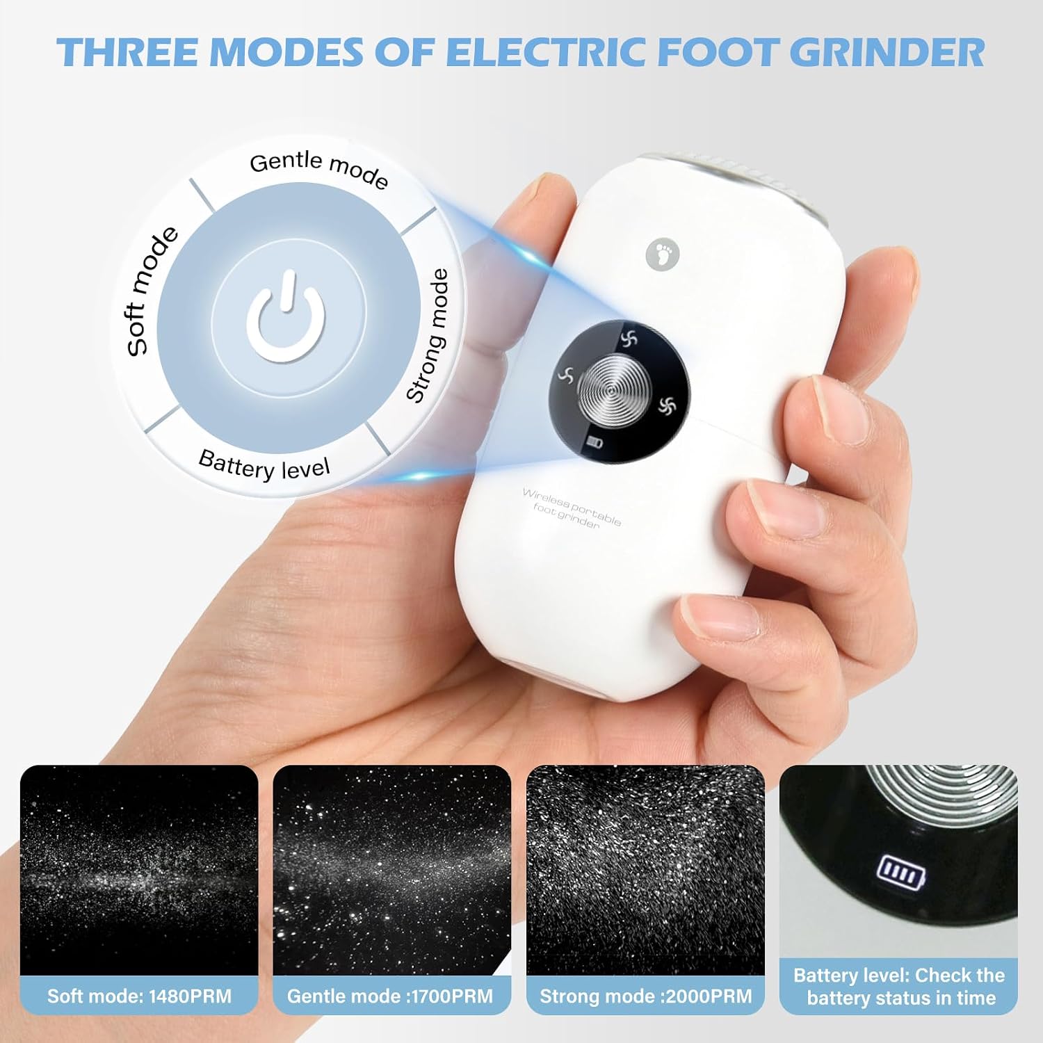 Electric Foot Callus Remover Grinder - Rechargeable Pedicure Tools Callus Remover for Feet Foot Scrubber File Foot Care with 3 Speeds 2 Stainless Grinding Heads for Hard Cracked Dry Dead Skin