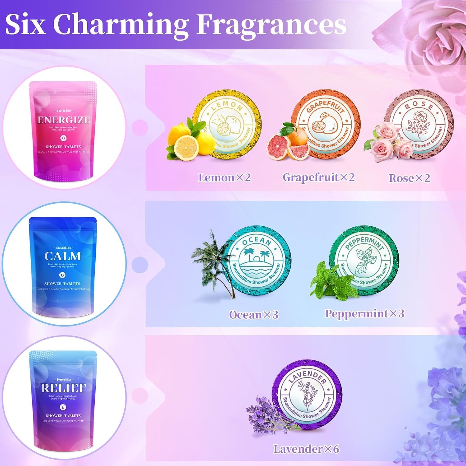 SeasonBliss Shower Steamers 18 Pack Set, Shower Bombs with 6 Charming Scents, Shower Tablets with Natural Ingredients,Self-Care & Relaxation Presents for Women and Men