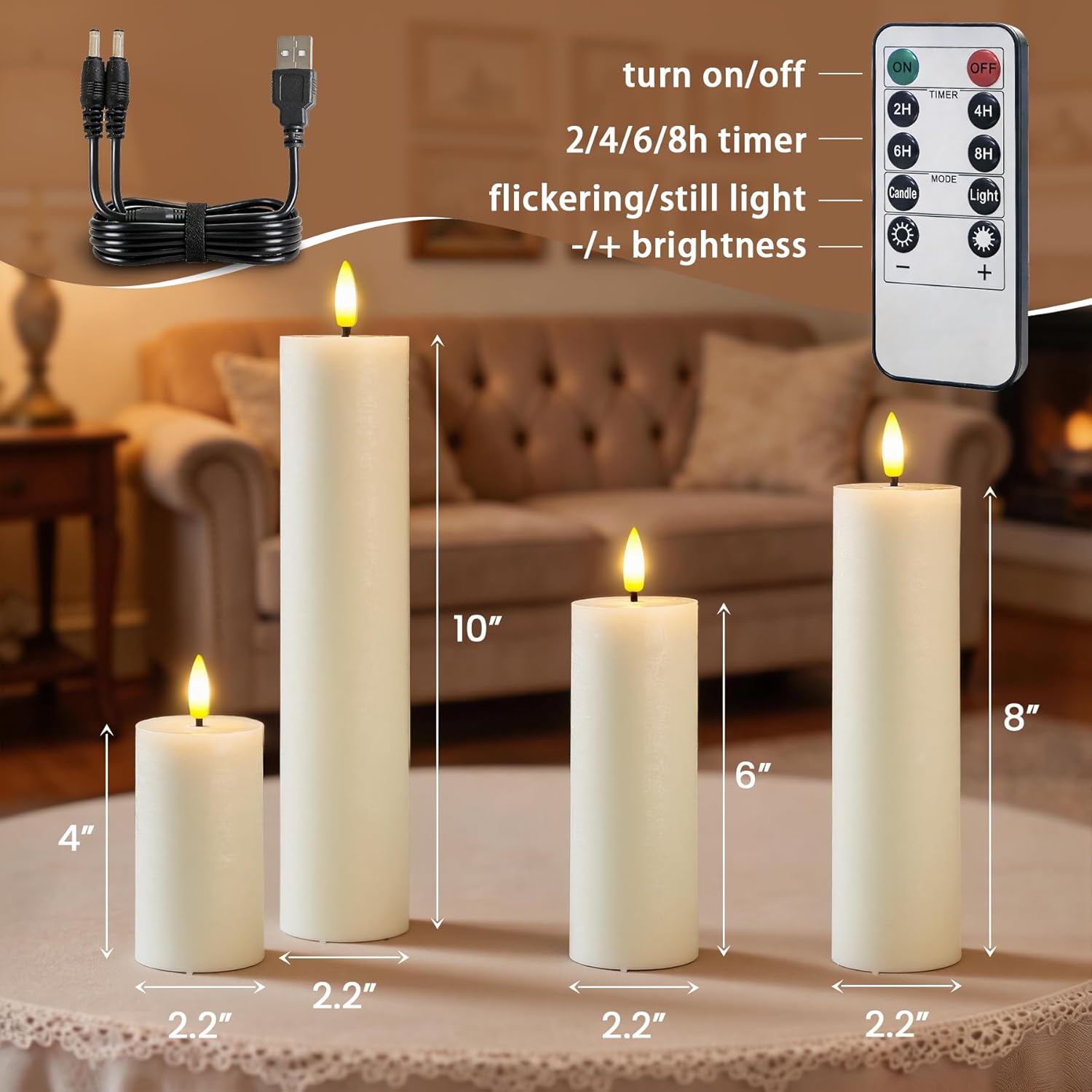 Rechargeable Flameless Flickering Tall Wax Remote 2.2" x4" 6" 8" 10" Ivory Candles, Timer Set of 4 LED Battery Operated Fake Warm Light Pillar Candles(Included USB Charging Cable with 2 Ports)
