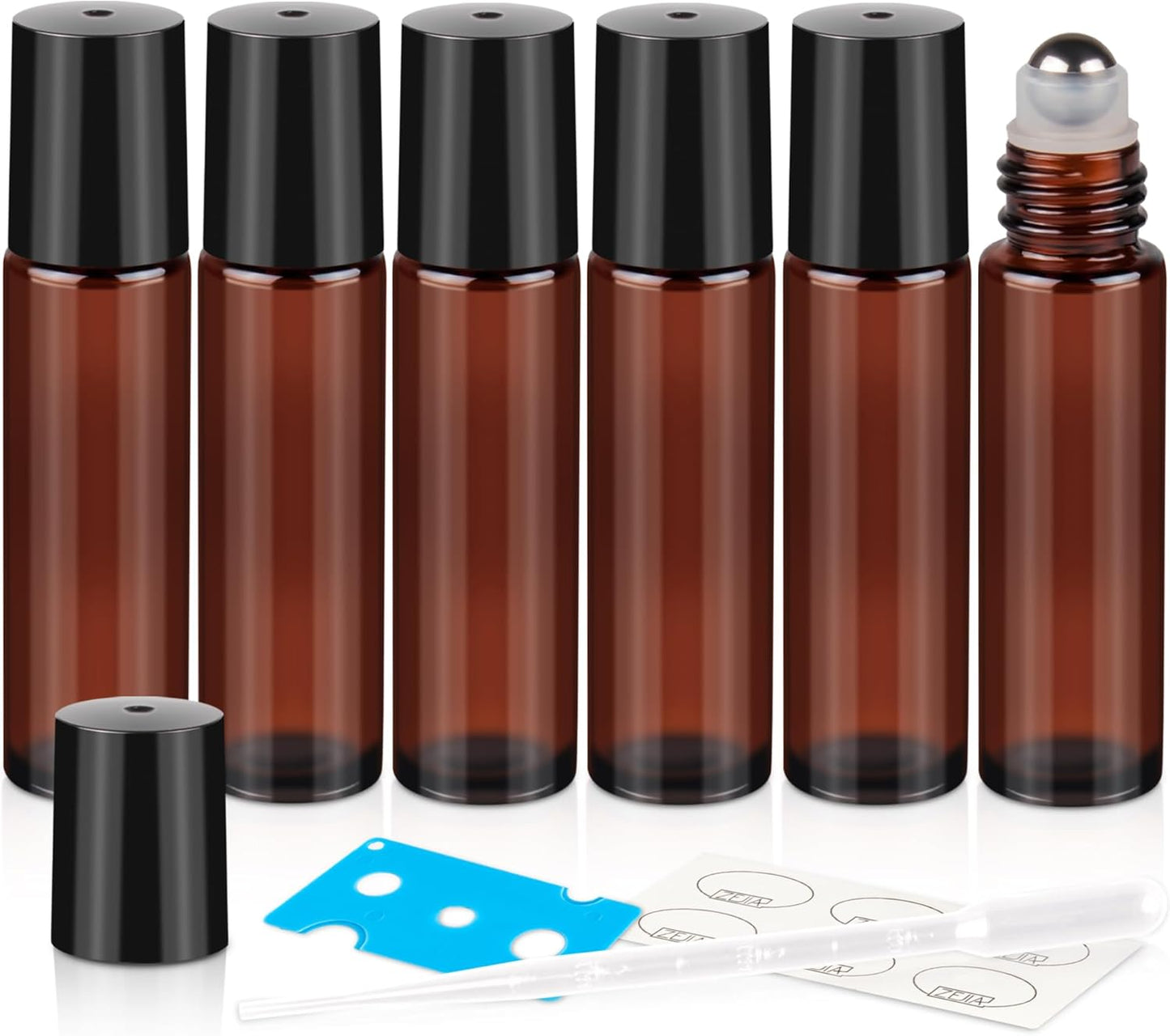 10ml Roller Bottles for Essential Oils, 6 Pack Glass Roll on Bottles, Refillable Perfume Bottle, with Stainless Steel Roller Balls, 2 Droppers, 1 Opener, Labels(Amber)