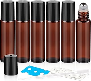 10ml Roller Bottles for Essential Oils, 6 Pack Glass Roll on Bottles, Refillable Perfume Bottle, with Stainless Steel Roller Balls, 2 Droppers, 1 Opener, Labels(Amber)