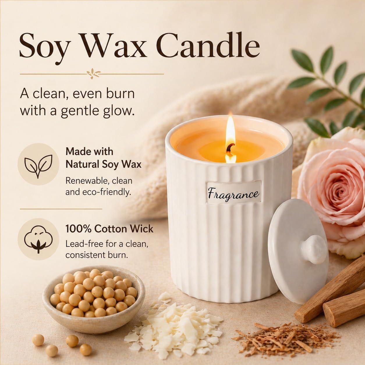 Viyffo 6.35oz Small Scented Candle – Sandalwood & Rose, Non Toxic Soy Candle for Women and Men, White Matte Ceramic Jar with Lid, Luxury Home Fragrance, Nordic Décor & Gift
