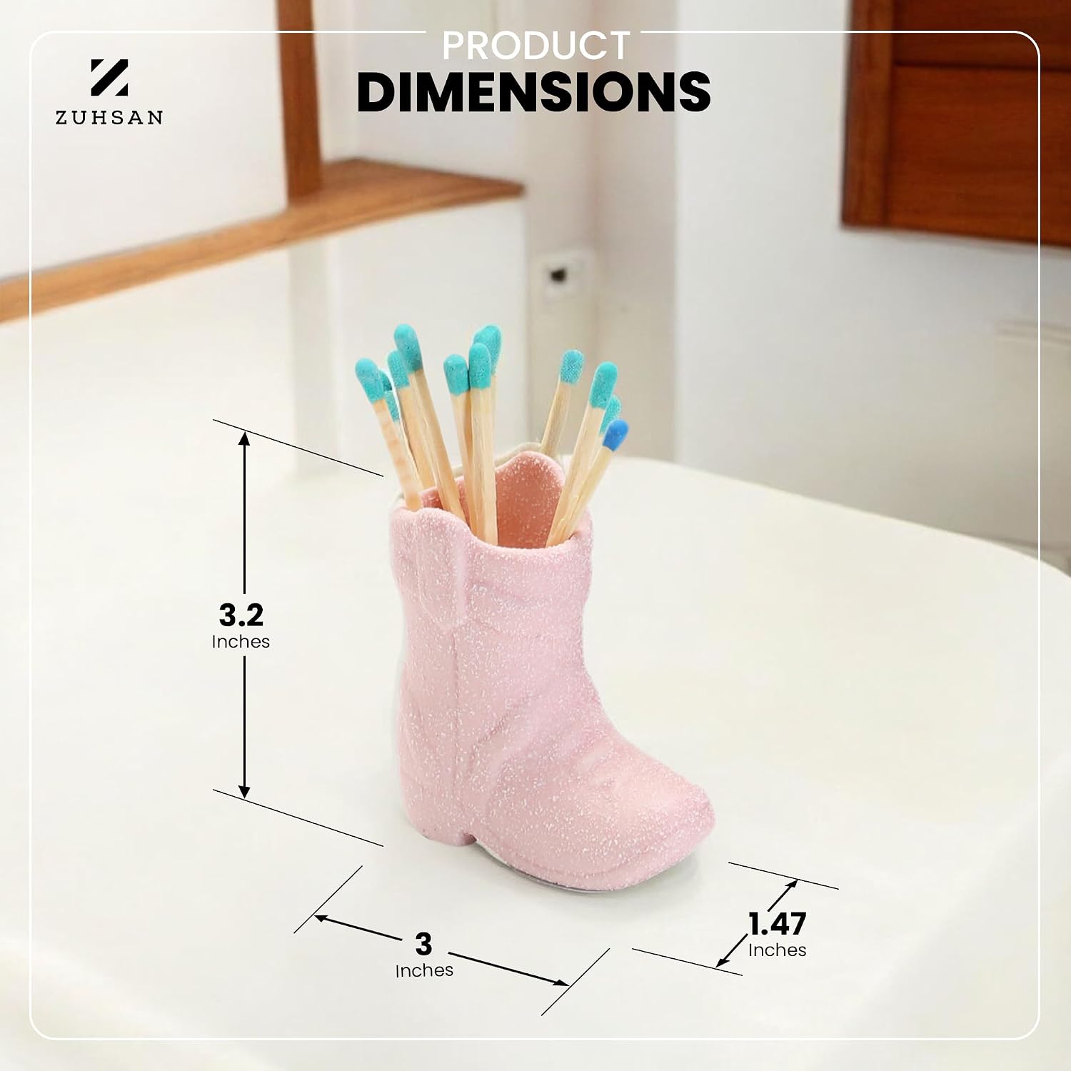 Cowboy Boot Match Holder With Striker for decorative matchsticks Ceramic Cowgirl Boot Decor Aesthetic Small Cute Matchstick Box Western Decorative Mini Matchesboxes For Bathroom Fireplace (Pink)