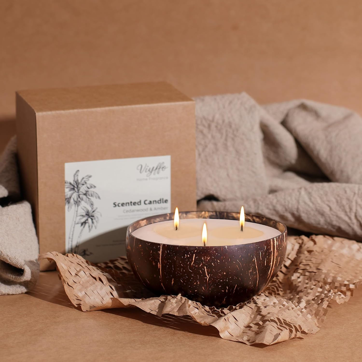 Viyffo 3 Wick 18oz Large Non Toxic Soy Candle - Cedarwood & Amber Scented Candle for Women & Men, Natural Coconut Shell Jar Perfect for Home Decor & Unique Nature Gift