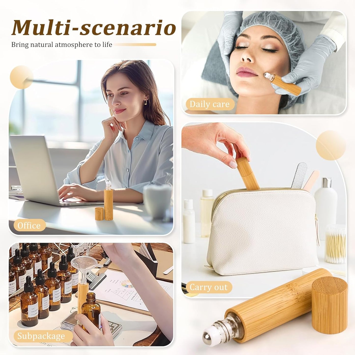 AUHOKY 12Pcs Bamboo Roll on Bottles for Essential Oils, Portable Massage Oil Bottle with Stainless Steel Roller Ball, Reusable Travel Perfumes Sample Lip Gloss Container (1 Opener) (10ML)