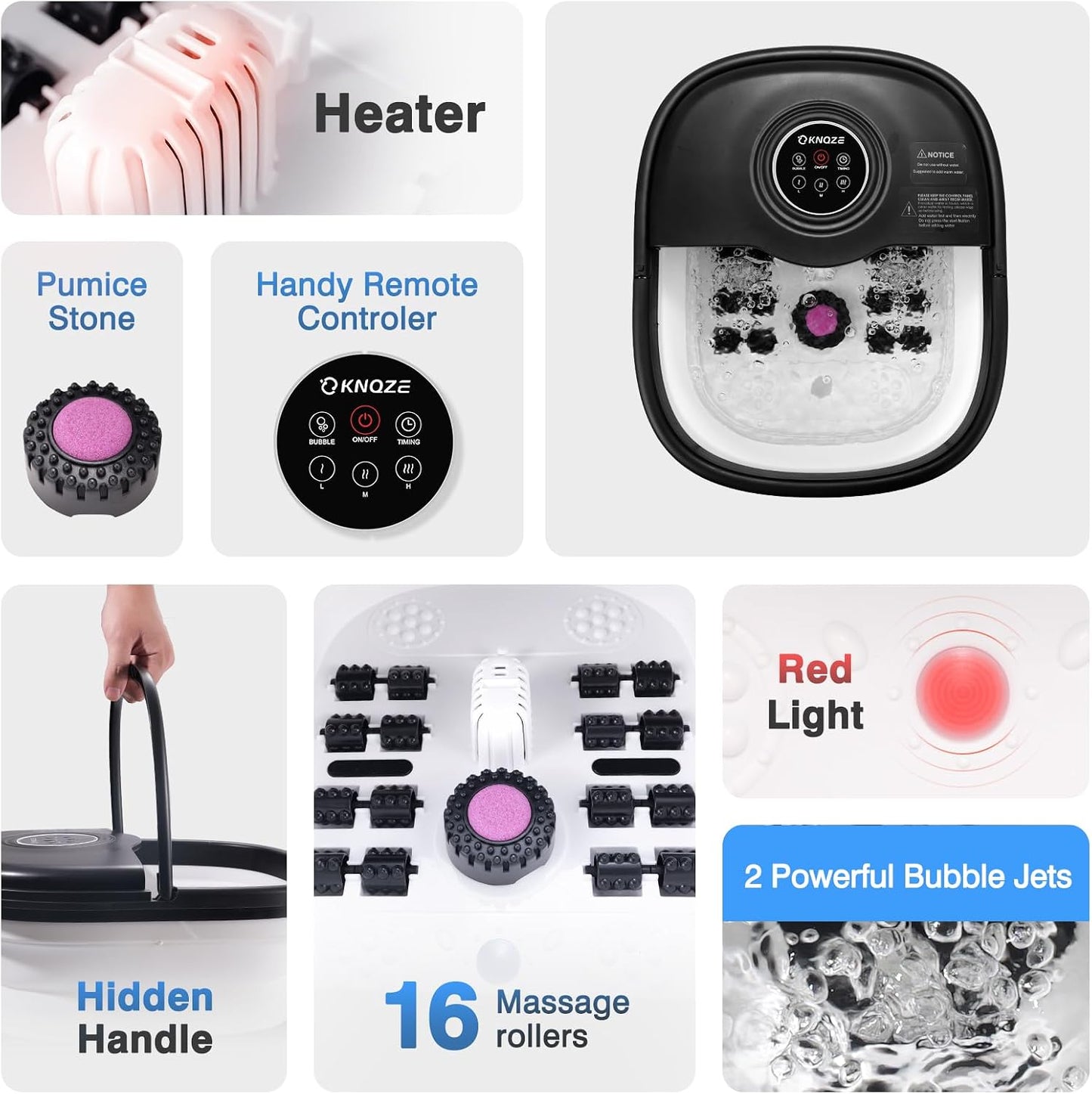 KNQZE Collapsible Foot Spa Bath with Heat & Remote Control, Bubble Massage, Temperature Control, Red Light, Timer, 16 Rollers & Pumice Stone for a Soothing Spa Experience