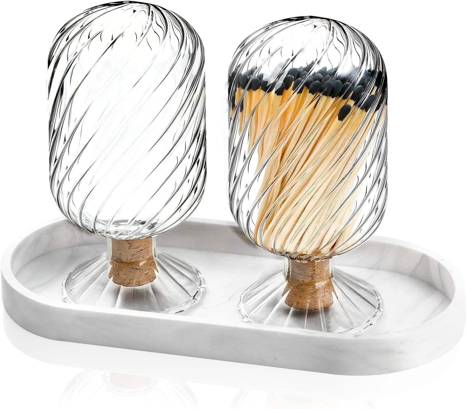 2 Pcs Glass Cloche Match Holder for 4 Inch Long Matches with Silicone White Marble Tray Helix Shaped Matches Jar Long Match Box Decorative for Candles Fireplace Bathroom Grill Camping (No Match)