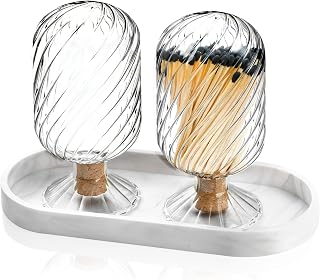 2 Pcs Glass Cloche Match Holder for 4 Inch Long Matches with Silicone White Marble Tray Helix Shaped Matches Jar Long Match Box Decorative for Candles Fireplace Bathroom Grill Camping (No Match)