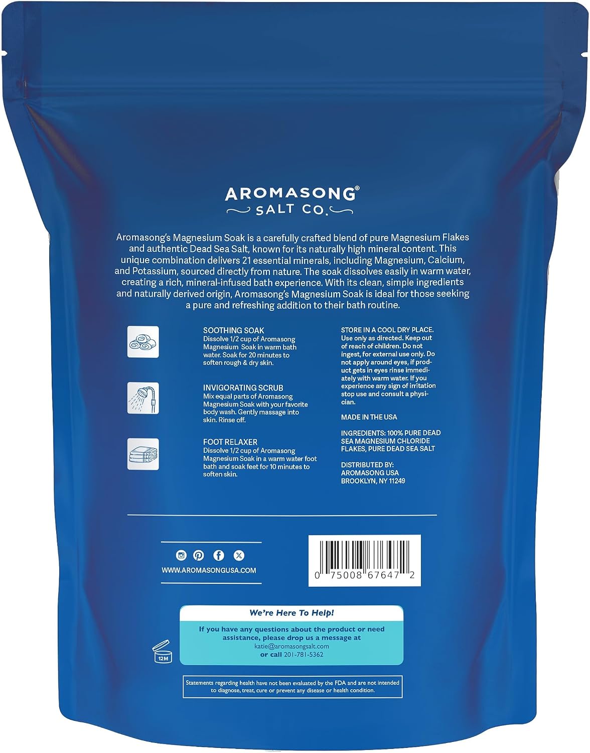 Aromasong Magnesium Flakes, 15lb – Dead Sea Bath & Foot Soak – Superior Alternative to Epsom Salt with 27,360 Mg of Magnesium Per Bath, Bulk Pack