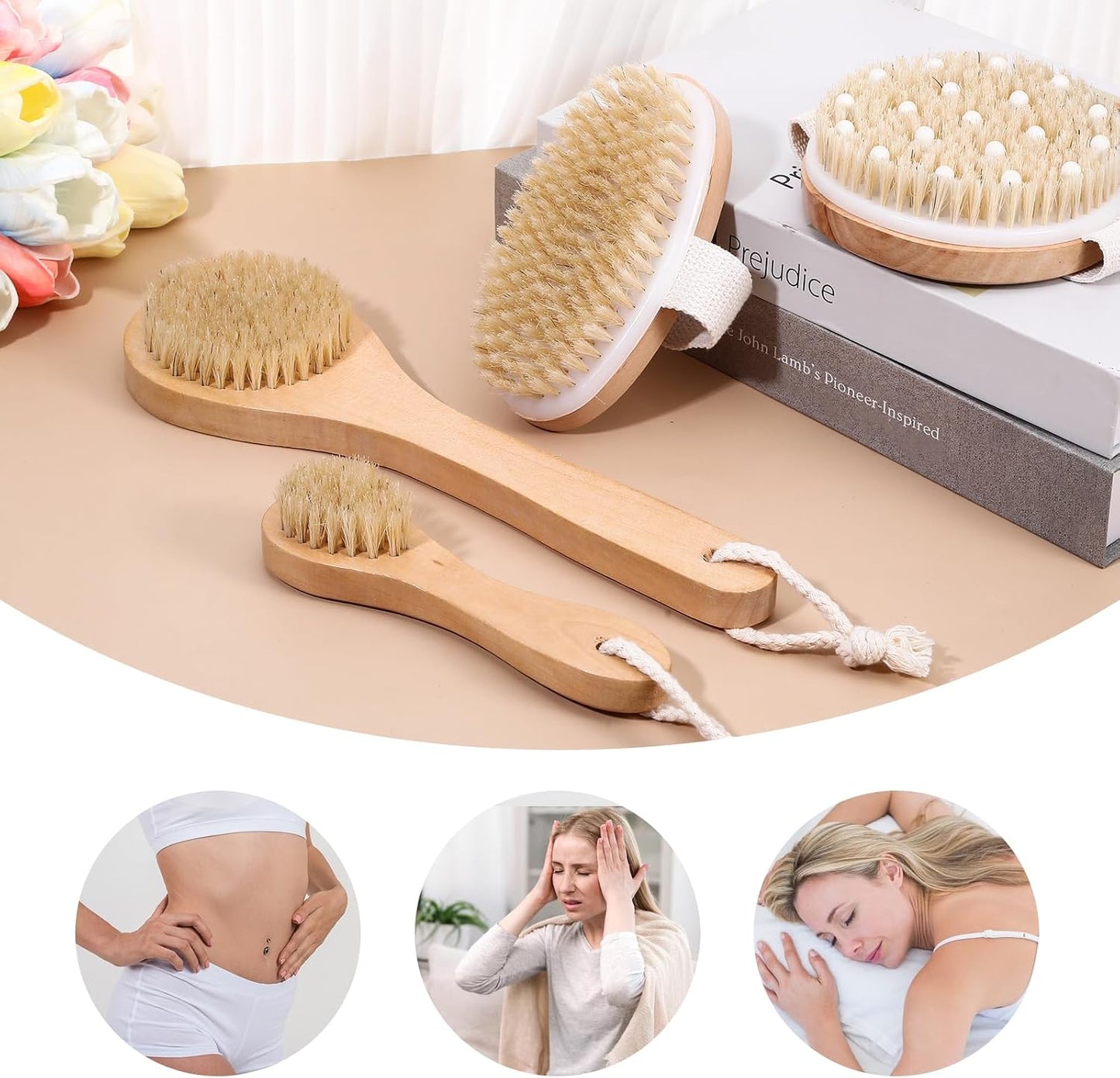 4PCS Dry Brushing Body Brush Set, Bamboo Dry Brush for Exfoliating Body Face, Boar Bristle Face Cleansing Shower Back Scrubber Brushes