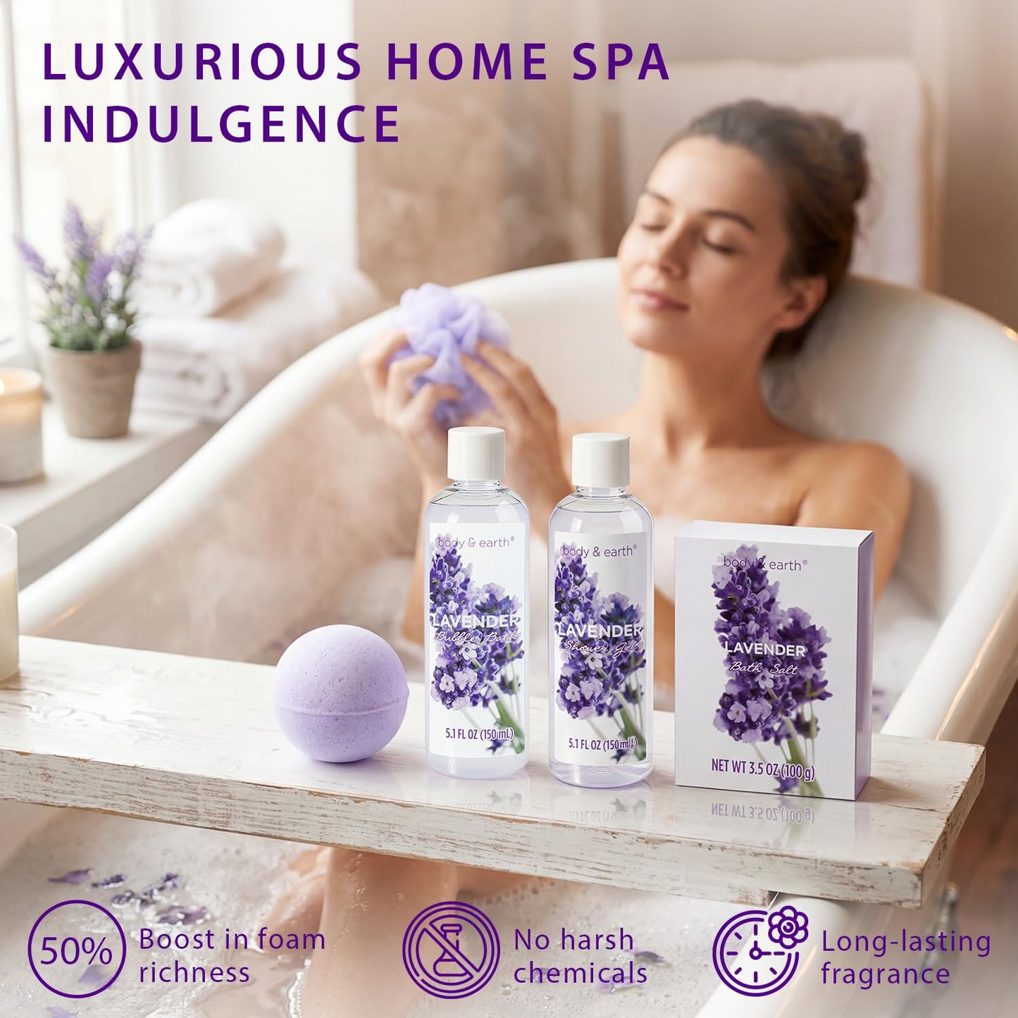 BODY & EARTH Spa Gift Baskets for Women 11pcs Lavender Gift Sets with Bubble Bath, Shower Gel, Body Lotion, Mom Birthday Gifts, Spa Kit, Purple Gift for Her, Mothers Day Gifts for Mom