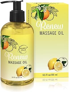 Renew Massage Oil with Orange, Lemon & Peppermint Essential Oils - Great for Massage Therapy or Home use. Ideal for Full Body – with Almond, Grapeseed & Jojoba – by Brookethorne Naturals