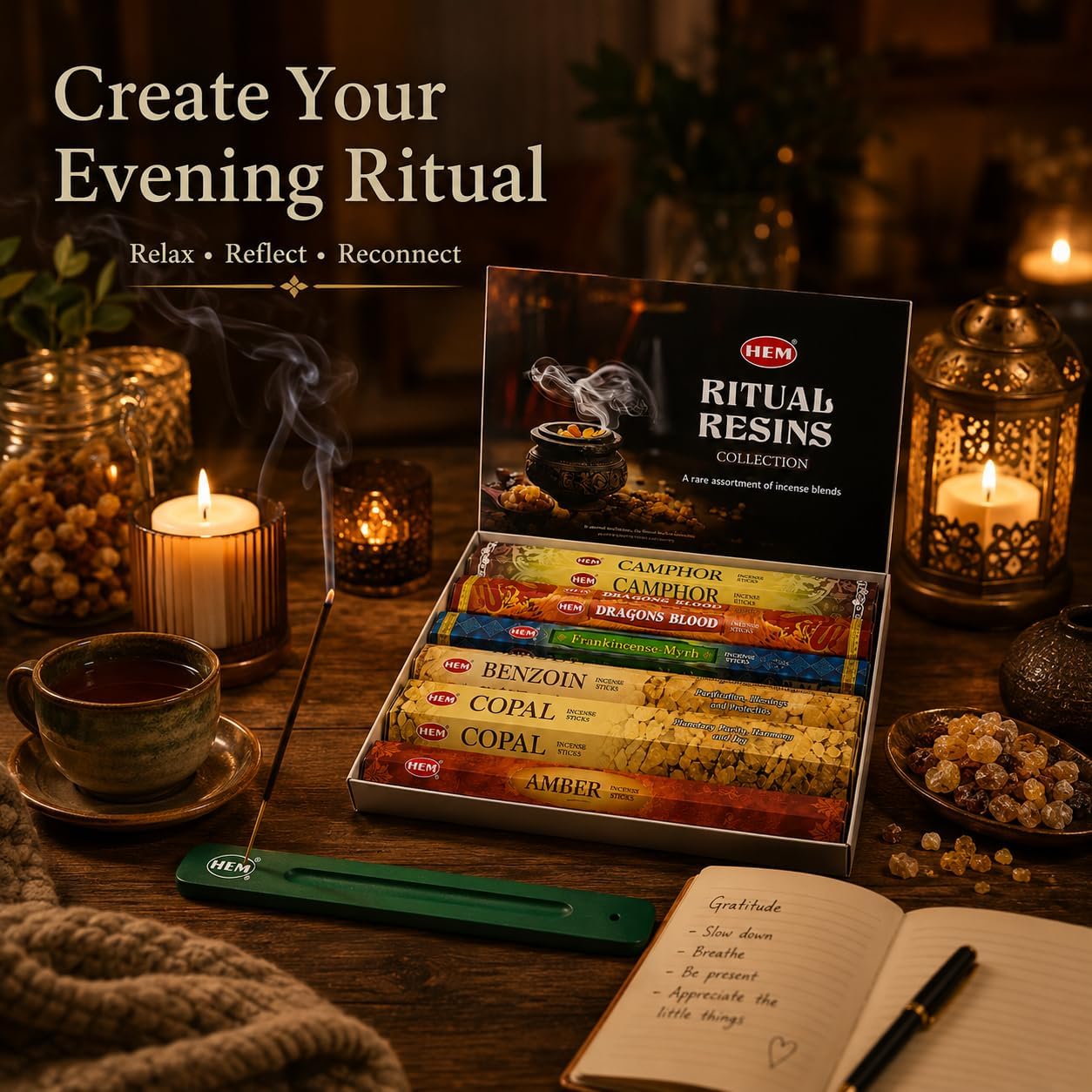 Hem Incense Sticks Assorted Ritual Resins Pack (6 Incents x 20 Insense Sticks) Incense Stick Holder 120 Sticks Total | Camphor Dragons Blood Benzoin Copal Amber Frankincense Myrrh