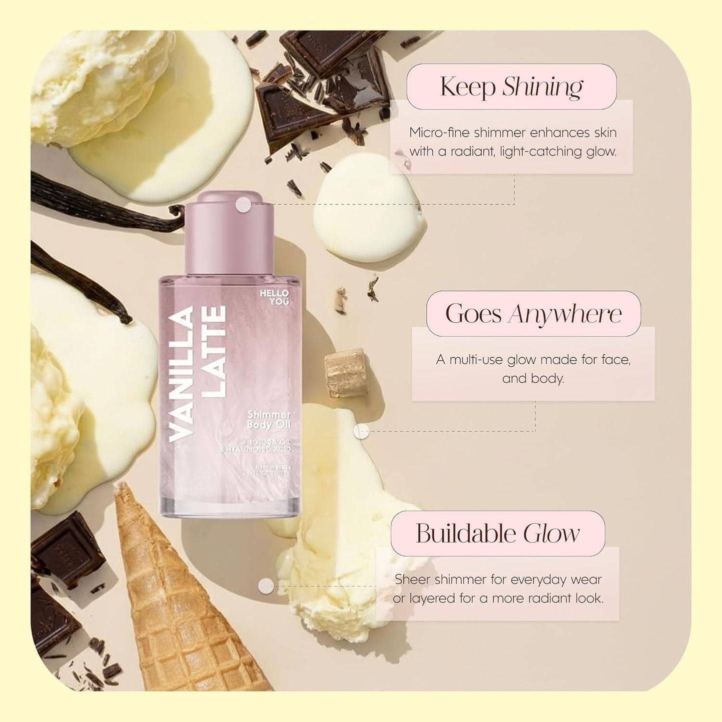 Hello You Jojoba Oil & Hyaluronic Acid Shimmer Body Oil – Dermatologist Tested, Anti Aging, Korean Skin Care – Deep Hydration & Plumping Glow With Vanilla Latte Scent – Vegan Clean Beauty – 3.38 Fl Oz
