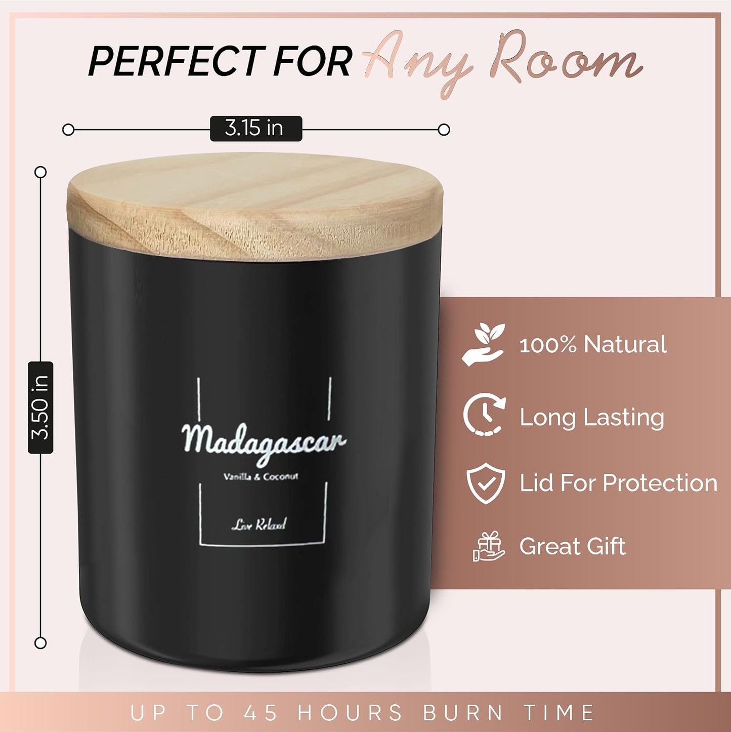 Premium Vanilla & Coconut Scented Candles (Madagascar), Natural Soy Candles Gifts for Women & Men, Hand Poured, Long Lasting Aromatherapy Essential Oil Candle, 8 Oz with 45 Hour Burn Time