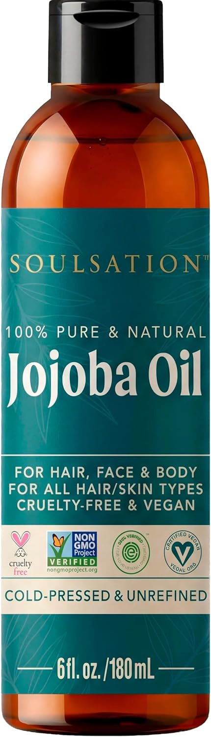SOULSATION Pure Jojoba Oil for Skin, Hair, Face & Body 100% Natural, Cold Pressed, Unrefined | Non-GMO, EWG Verified, Cruelty-Free, Vegan Moisturizing Oil for Dry Skin, Scalp & Beard 6oz