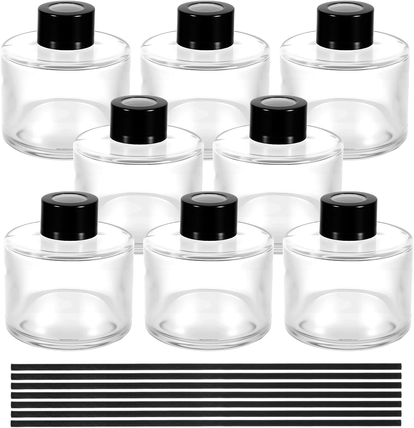 8 PCS Fragrance Glass Diffuser Bottles, Refillable Diffuser Bottles with 40 Pcs Reeds Sticks, Black Caps, Diffuser Jars for Living Room Home Replacement Fragrance DIY Decor, 100ML