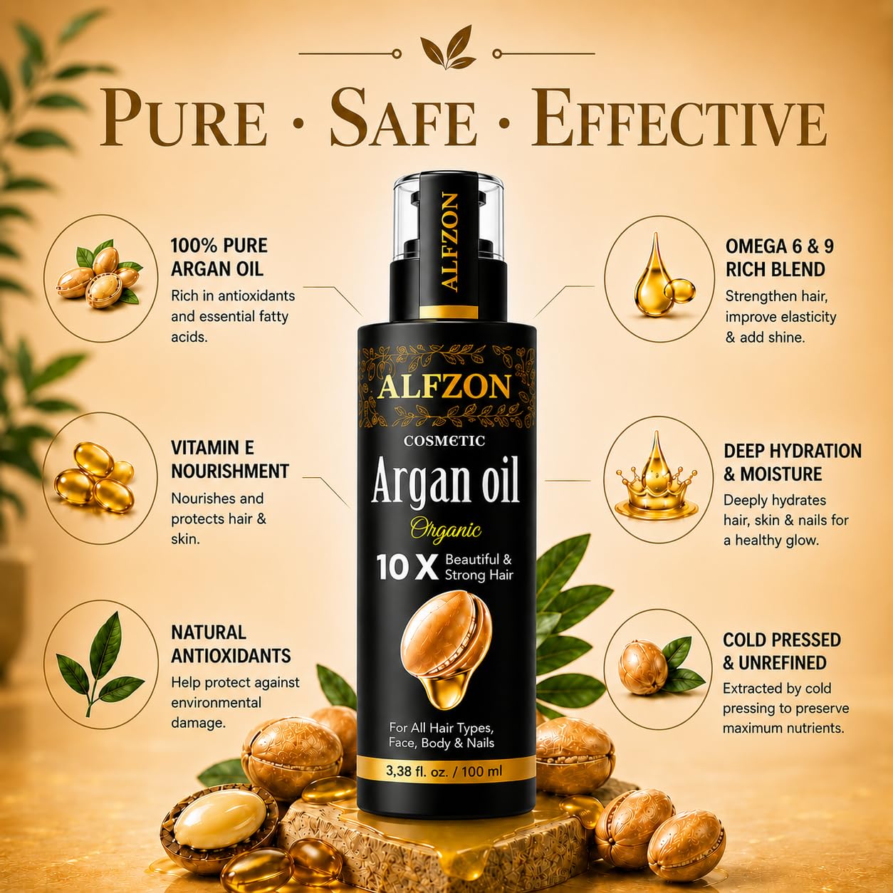 Moroccan Argan Oil 100% Pure USDA Organic Cold Pressed Unrefined – Deep Moisturizing Hair & Scalp Treatment for Dry, Damaged, Curly & Frizzy Hair – Face & Skin – 3.38 Fl Oz Glass Bottle