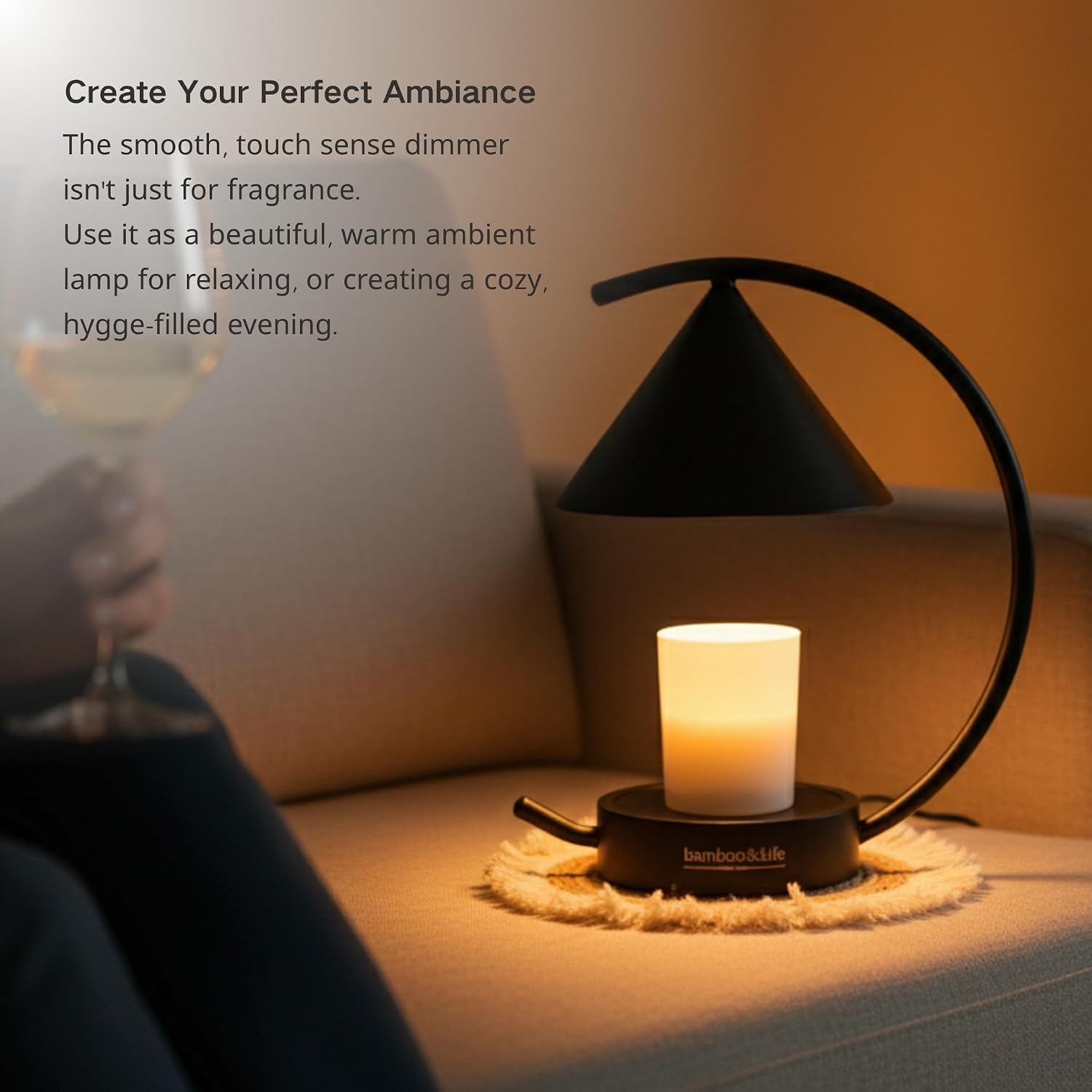 Moonlit TouchOn Candle Warmer,Eco-Luxury 5-Pc Gift Set incl. Fringe Mat&Wax Dish,Authentic Japan Design,Touch Dimmer,Real Bamboo Base,UL&ETL Certified,US Brand,Birthday&Housewarming Gift