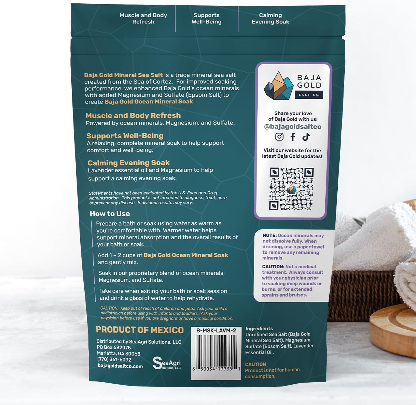 Baja Gold Ocean Mineral Soak – Natural Magnesium Bath Soak & Trace Elements | Relaxing, Clean Ingredient Soak for Bath, Muscles, Relaxation & Skin Care | Pure, Vegan, 2 Lb Resealable Bag, Lavender