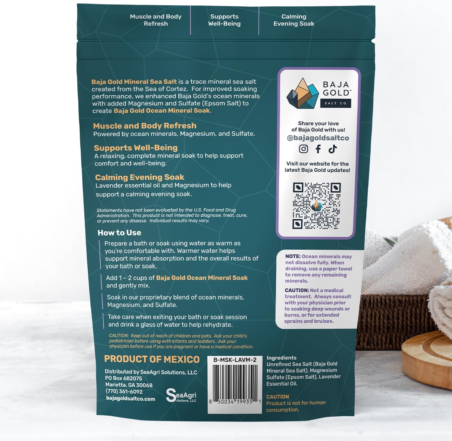 Baja Gold Ocean Mineral Soak – Natural Magnesium Bath Soak & Trace Elements | Relaxing, Clean Ingredient Soak for Bath, Muscles, Relaxation & Skin Care | Pure, Vegan, 2 Lb Resealable Bag, Lavender