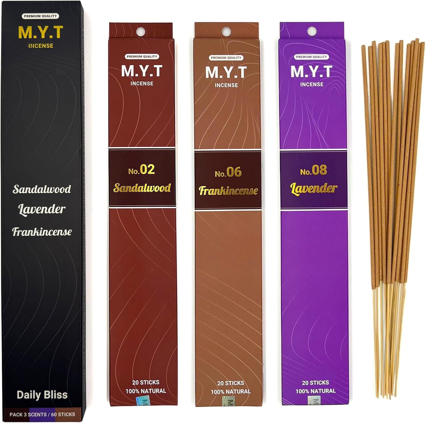 M.Y.T Natural Incense Gift Set – Sandalwood, Lavender, Frankincense – Long-Lasting, Low Smoke – Relaxation, Meditation, Odor Removing – 25g x 3 Packs