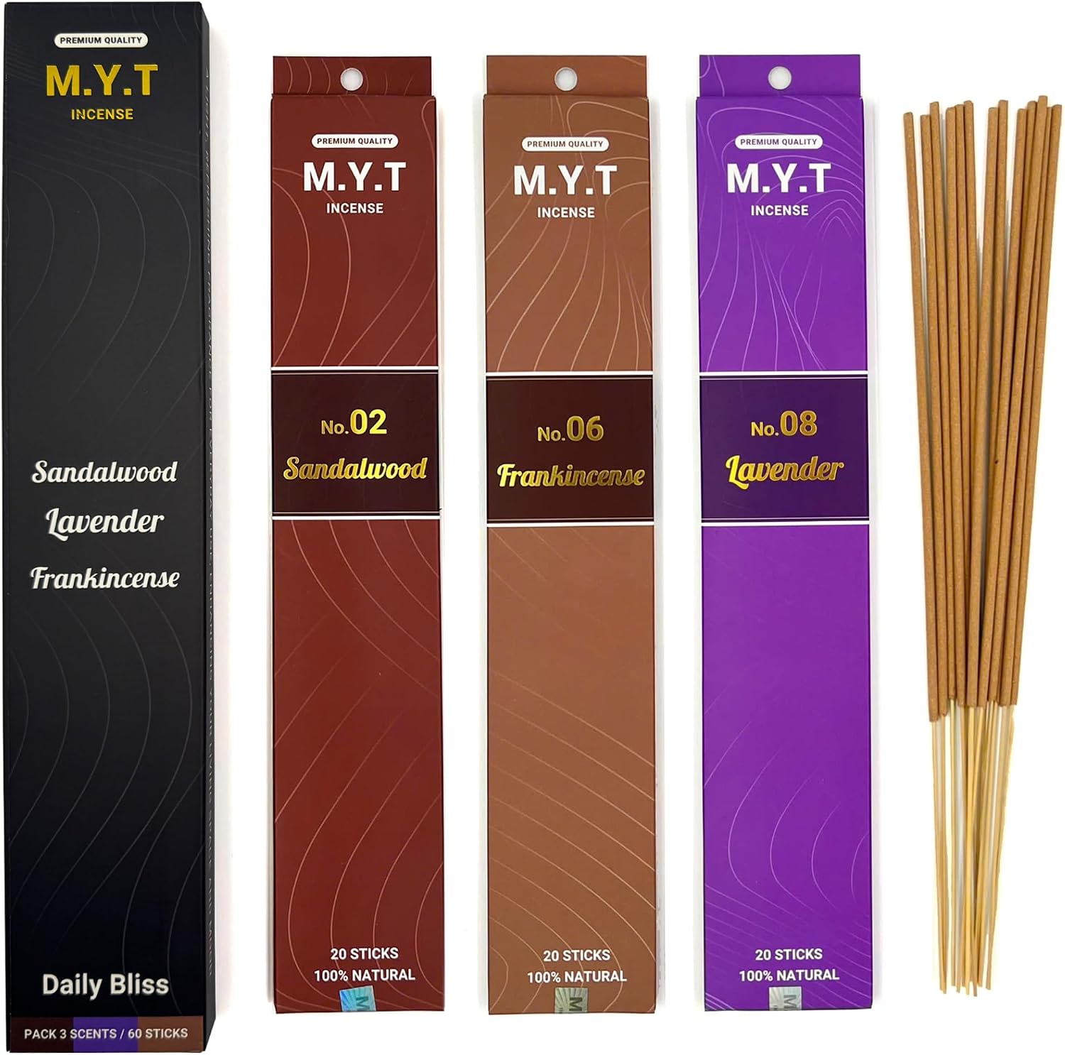 M.Y.T Natural Incense Gift Set – Sandalwood, Lavender, Frankincense – Long-Lasting, Low Smoke – Relaxation, Meditation, Odor Removing – 25g x 3 Packs