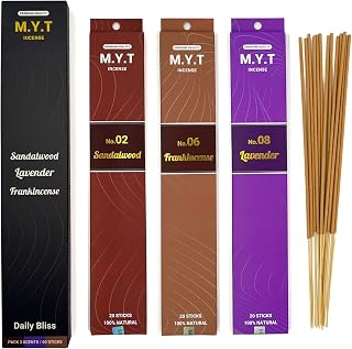 M.Y.T Natural Incense Gift Set – Sandalwood, Lavender, Frankincense – Long-Lasting, Low Smoke – Relaxation, Meditation, Odor Removing – 25g x 3 Packs