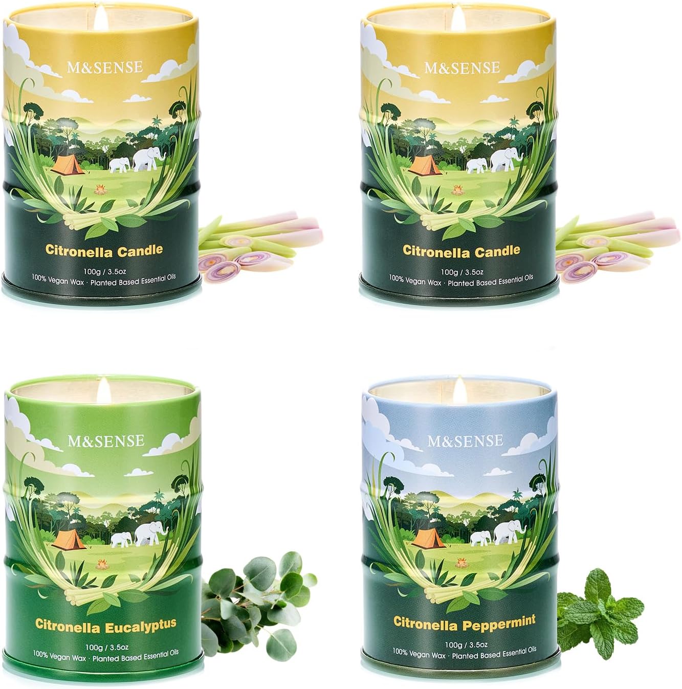 M&SENSE Citronella Candles Outdoor–80 Hour Burn, 4 * 3.5oz Natural Non-Toxic Soy Wax, Outdoor & Indoor Use for Patio, Camping, Home