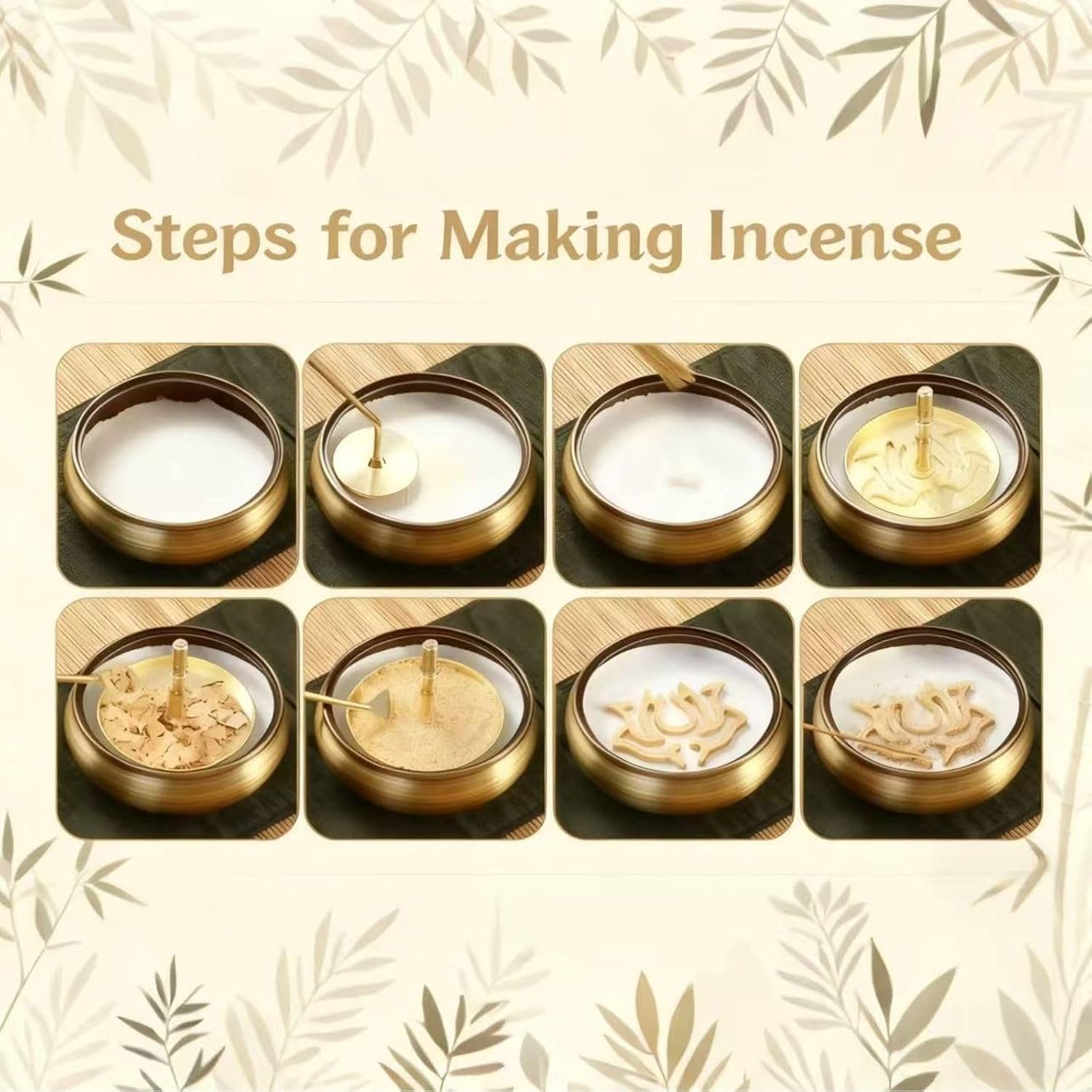 Yoga & Meditation 16pcs Incense Burner Kit - Complete Ash Powder Burner Set with Brass Censer, Art Mold Tools & Chinese Incense Burner in Gift Box for Relaxation, Home Fragrance
