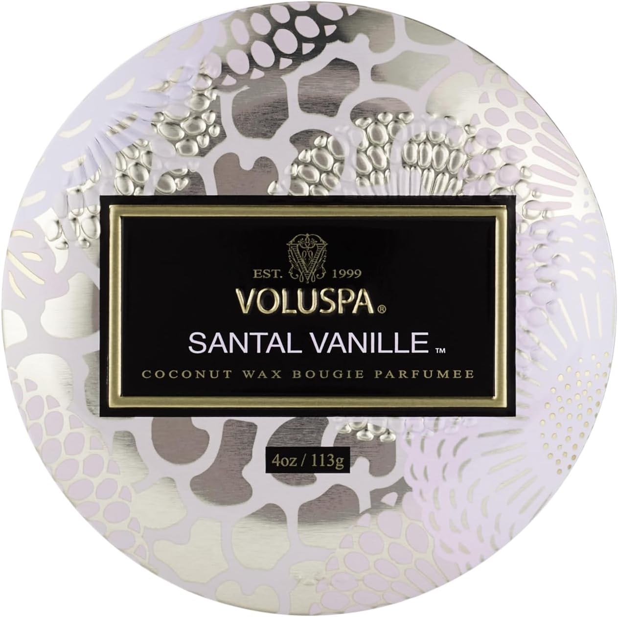 Voluspa Santal Vanille, Mini Tin Candle, 4 Ounce, 25 Hour Burn Time, Coconut Wax for Clean Burning, Handcrafted in the USA