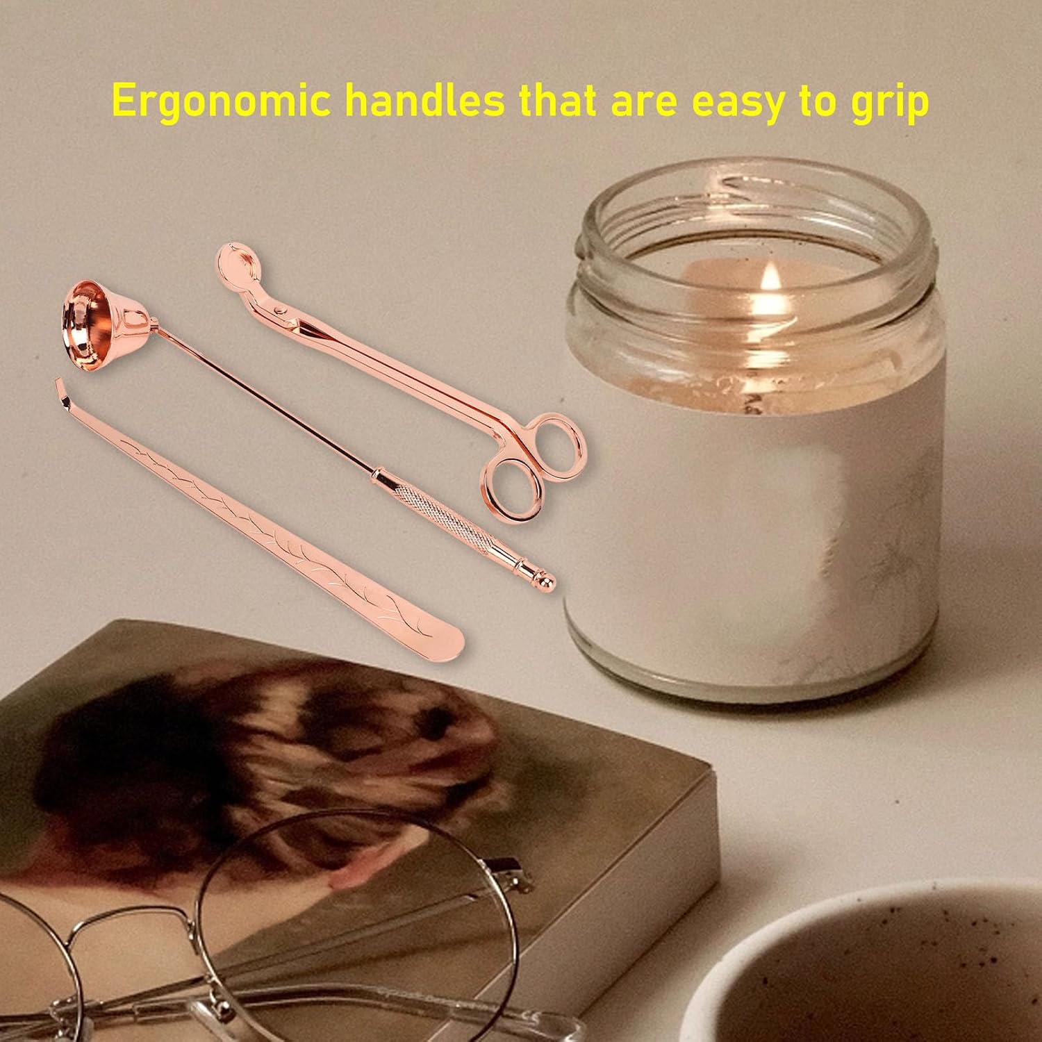 3pcs Candle Wick Trimmer Set Stainless Steel Rose Gold Wick Trimmer Snuffer Dipper for Candle Maintenance and Accessories