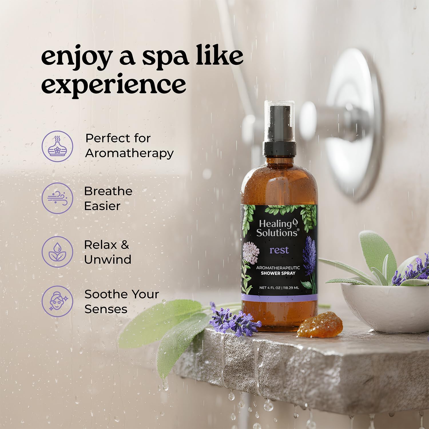 Healing Solutions Aromatherapy Shower Spray, Rest Blend, 4oz, Made in the USA, At Home Spa Experience, Premium Sleep Support (4oz, Rest Blend)