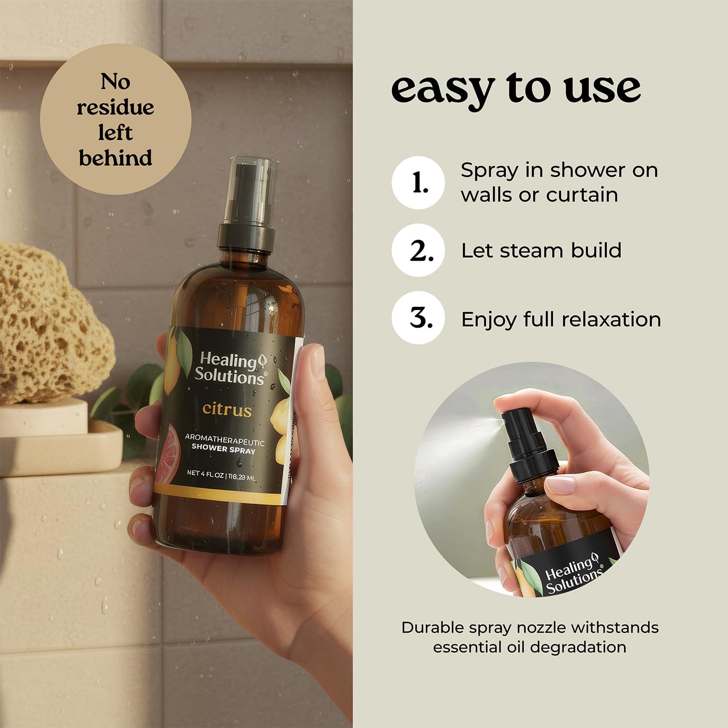 Healing Solutions Aromatherapy Shower Spray, Citrus, 4oz, Therapeutic Grade Essential Oils, Made in the USA, At Home Spa Experience (4oz, Citrus)