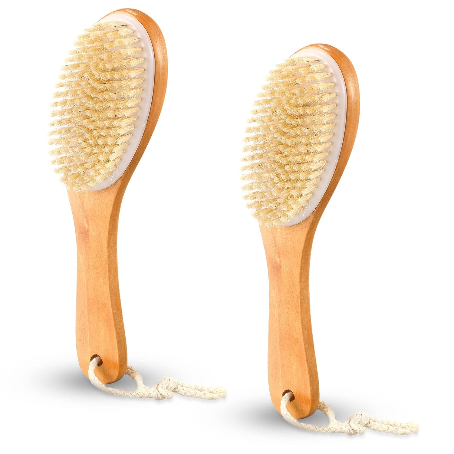 Gerrii 2 Pcs Dry Brushing Body Brush Natural Boar Bristle with Contoured Wooden Handle for Back Legs Feet Exfoliates Dead Skin