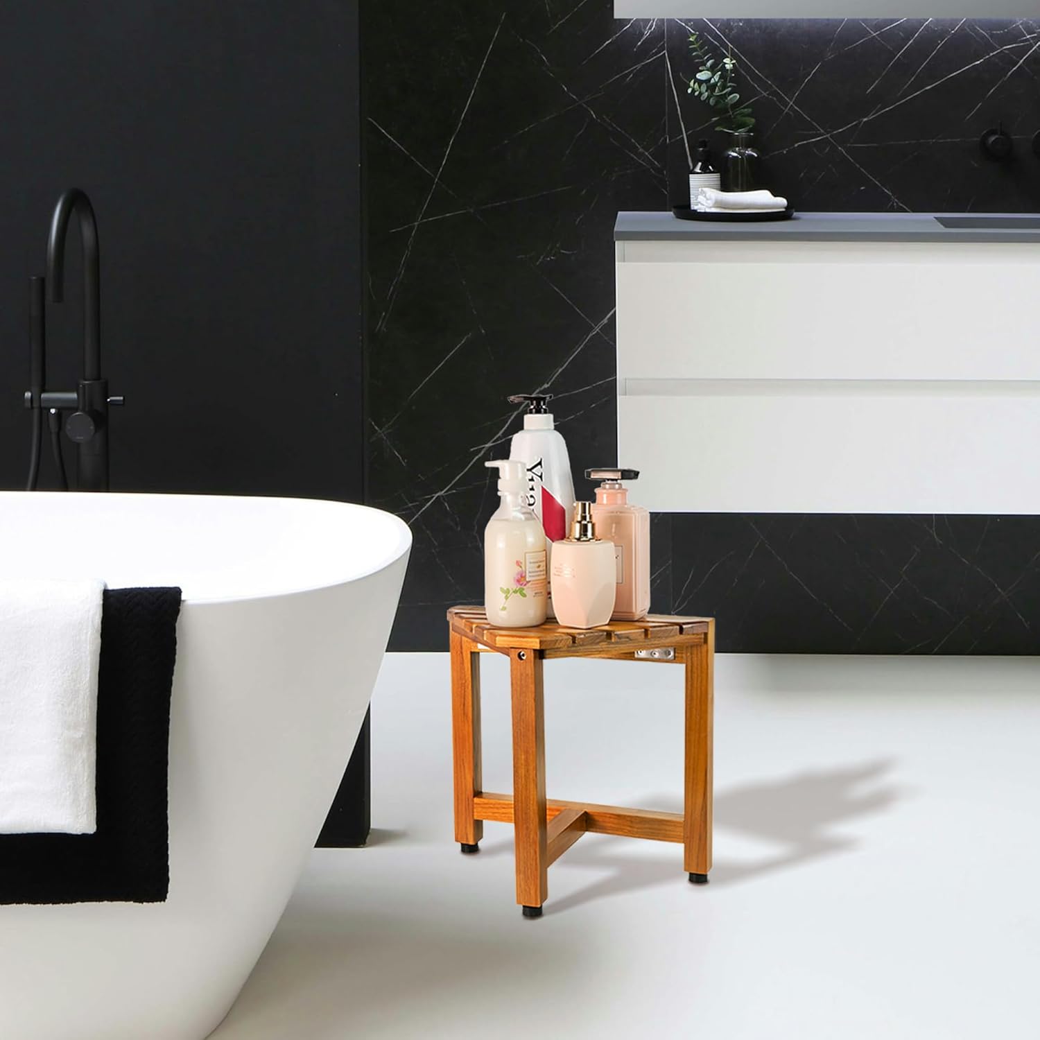 VaeFae Premium Teak Bathtub Tray and Teak Shower Corner Bench Small