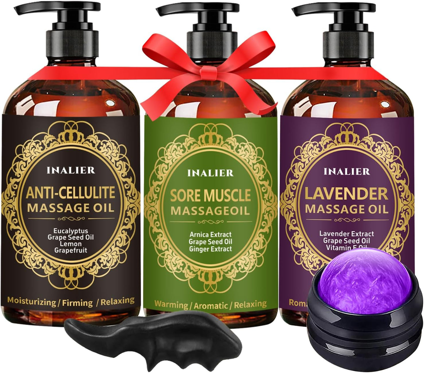 Fathers Day Gift,Gifts for Men,Massage Oil for Massage Therapy,3 Pack Cellulite Massage Oil,Sore Muscle Arnica Oil & Lavender Massage Body Oil with Massage Ball & Thumb Saver Tool,Gifts for Women