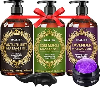 Fathers Day Gift,Gifts for Men,Massage Oil for Massage Therapy,3 Pack Cellulite Massage Oil,Sore Muscle Arnica Oil & Lavender Massage Body Oil with Massage Ball & Thumb Saver Tool,Gifts for Women