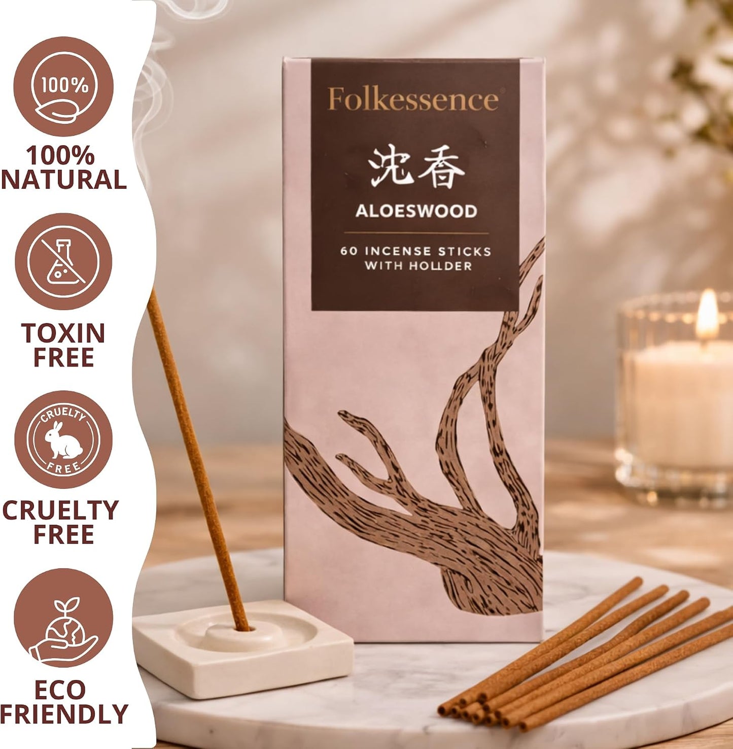 Folkulture Japanese Incense Sticks| Pack of 60 Premium Aloeswood Incense | No Charcoal, No Black Smoke |Woody Aroma for Meditation, & Relaxation| Organic, Non-Toxic Incense | Aromatherapy
