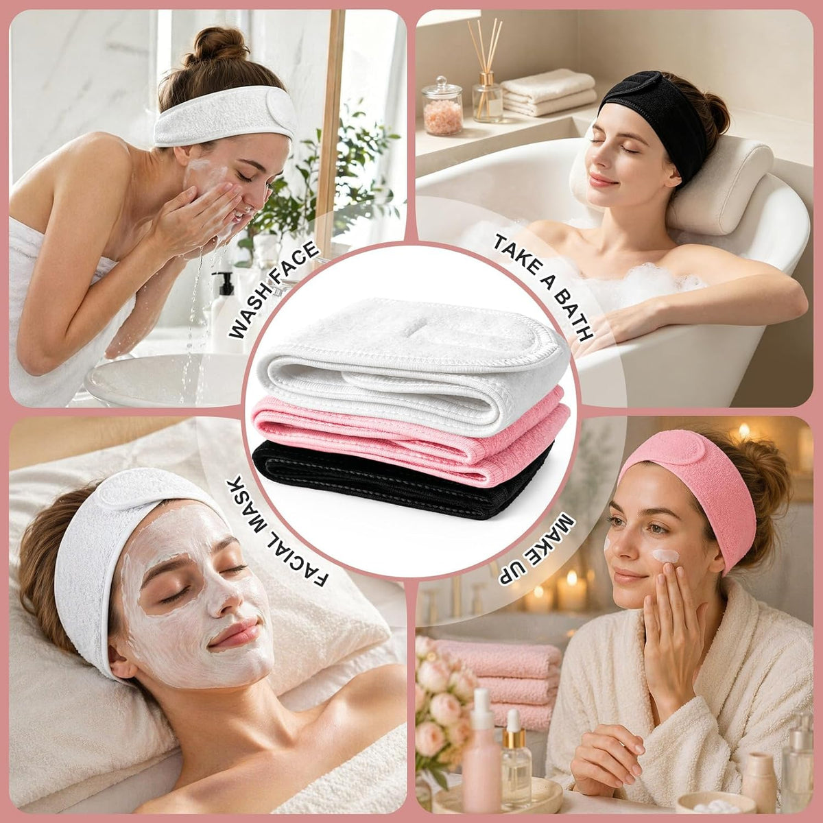 Whaline 3Pcs Spa Facial Headband Make Up Terry Cloth Headband Adjustable Washable Towel for Shower Makeup Face Washing Skincare Facial Treatment Sport Fits (White, Black, Pink)