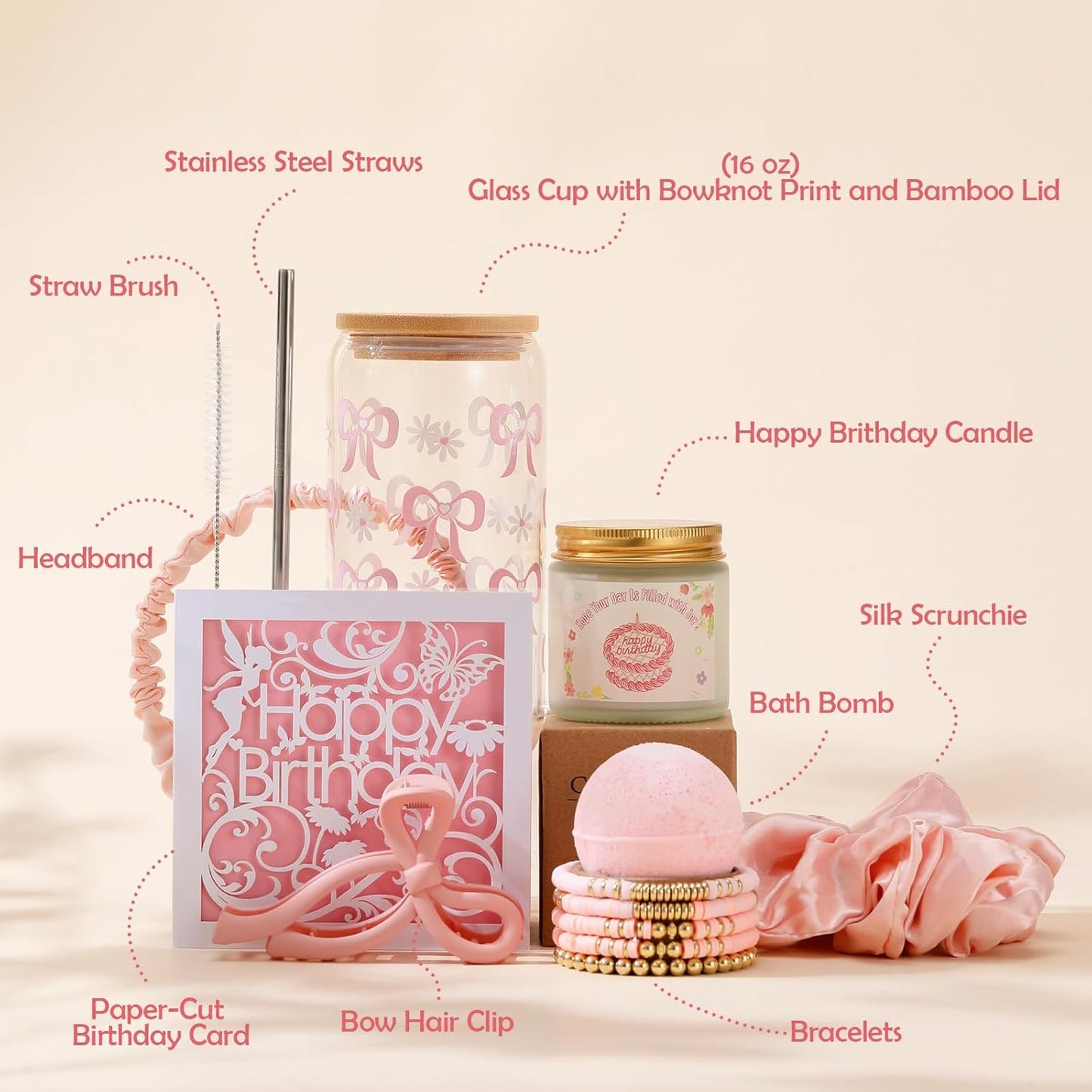 Birthday Gifts for Women, Teen Girl, Girl, Her, Sister, Daughter, Friends - Charming Birthday Happy 8-in-1 Gift Box Set with Delicate Pink Bow Printed Glass Cup & 7 Other Adorable Items (16oz)