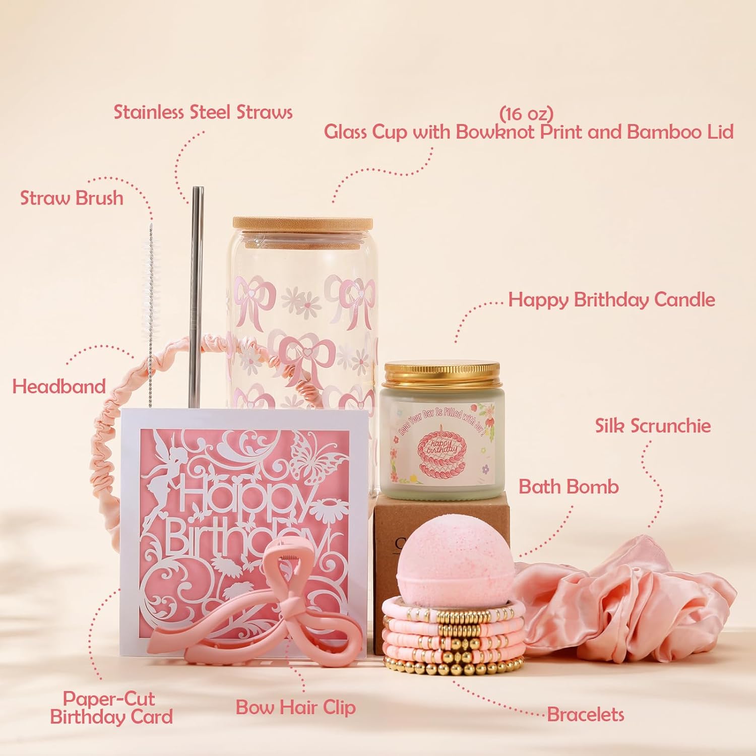 Birthday Gifts for Women, Teen Girl, Girl, Her, Sister, Daughter, Friends - Charming Birthday Happy 8-in-1 Gift Box Set with Delicate Pink Bow Printed Glass Cup & 7 Other Adorable Items (16oz)