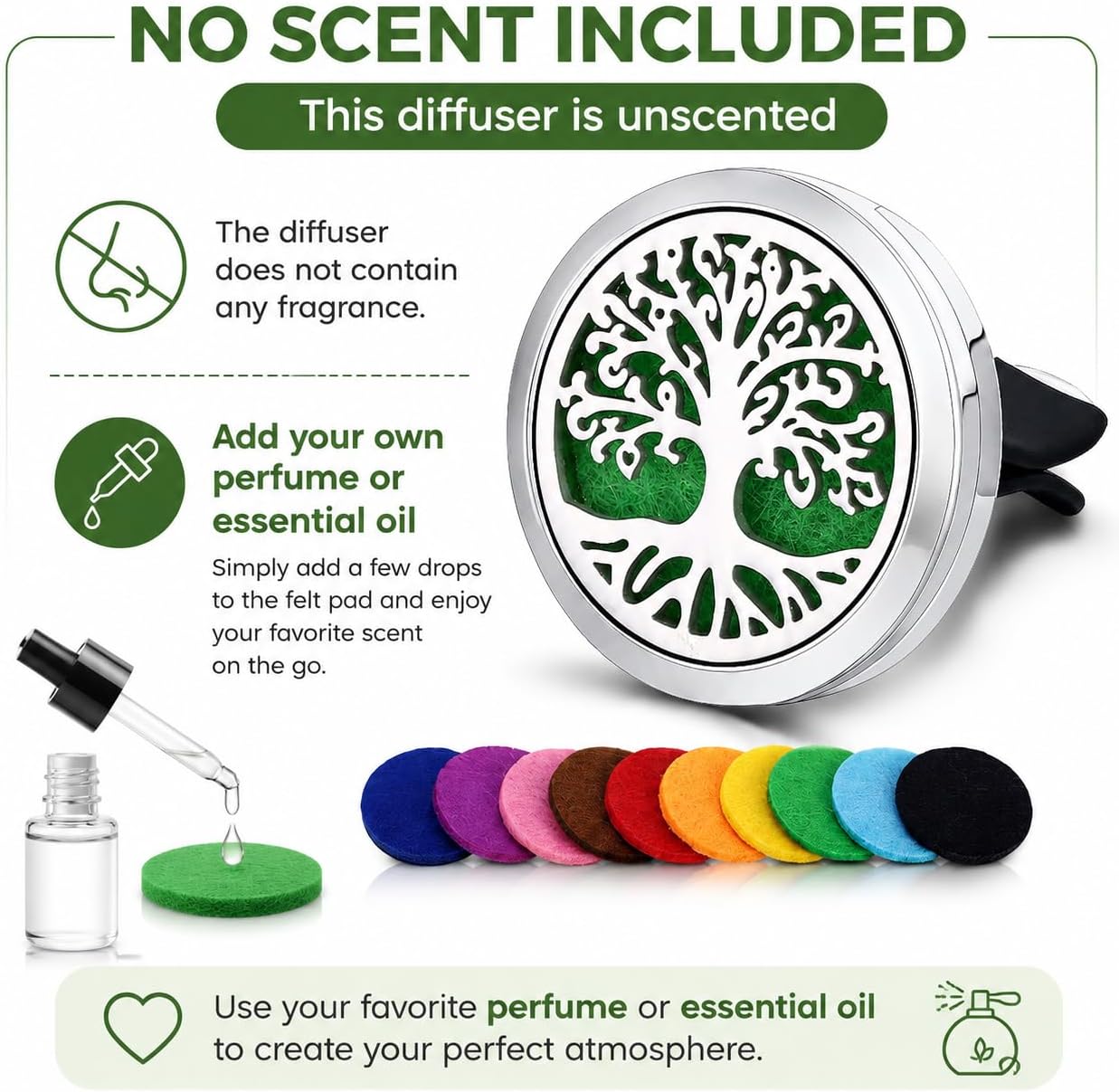 2PCS 30mm Car Aromatherapy Essential Oil Diffuser Stainless Steel Locket with Vent Clip 30 Felt Pads Tree of Life Pattern (Silverly)