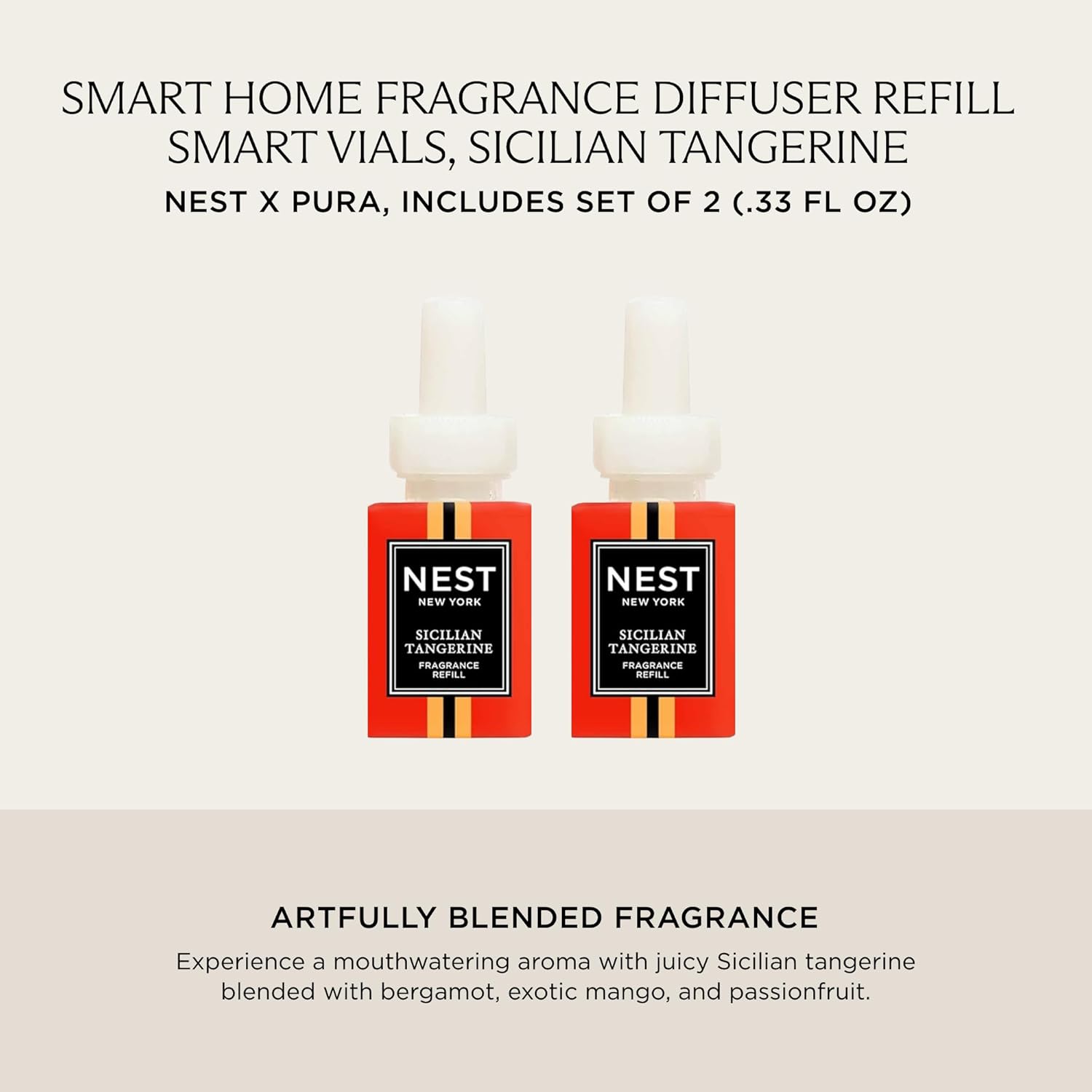 NEST New York Smart Home Fragrance Diffuser Refill Smart Vials, Sicilian Tangerine - Set of 2 - Designed for NEST x Pura 3 and NEST x Pura 4 Diffusers - Cruelty Free, Vegan