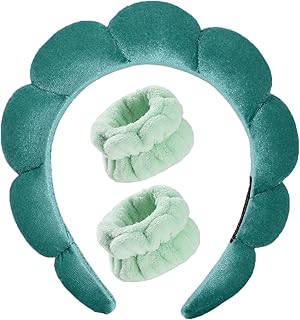 Luckybear Spa Headband for Washing Face, Velvet Makeup Headband, Bubble Skincare Head bands with Face Wash Wristbands Sponge Puff Head band for Women Skin Care - Green