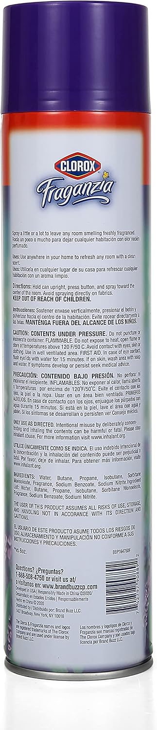 Clorox Fraganzia Aerosol Air Freshener in Lavender with Eucalyptus Scent - Long-Lasting Room Spray, Odor Eliminator for Home, Bathroom, and Bedroom, 20 oz Bonus Size